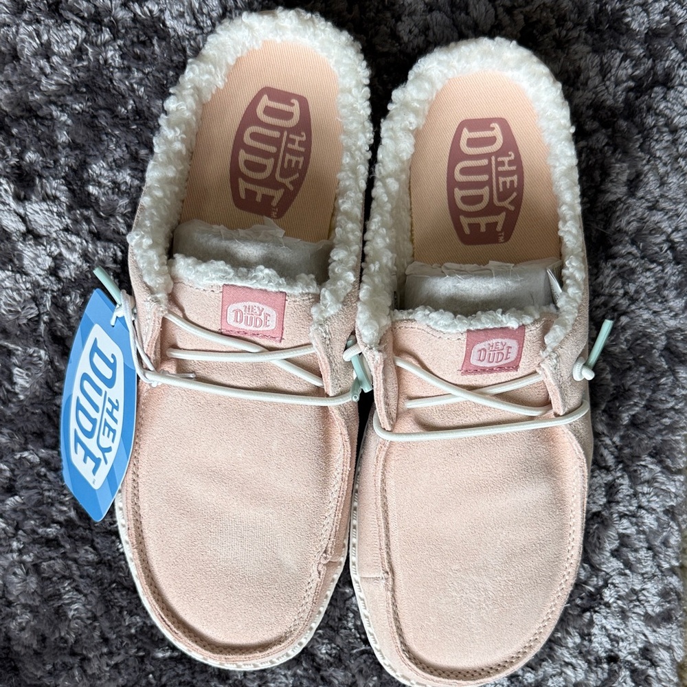 Hey Dude Blush Pink Suede Slip-On Wendy Mules with Sherpa, NWT